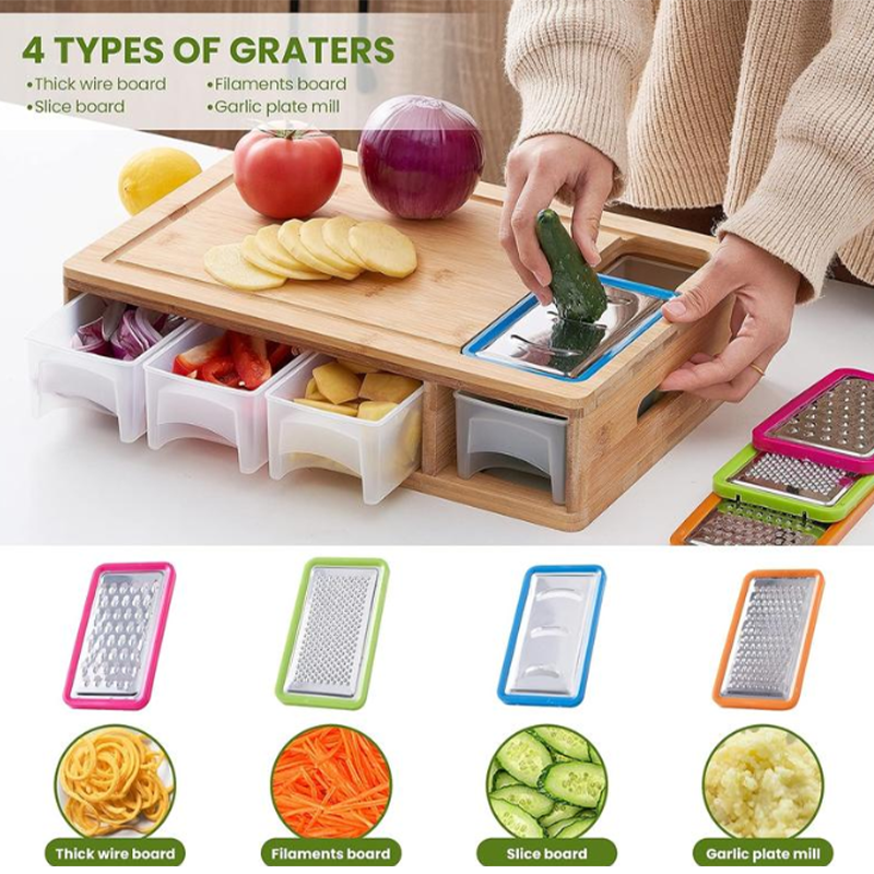 Cutting Board Bamboo Grater System & Pull-Out Storage