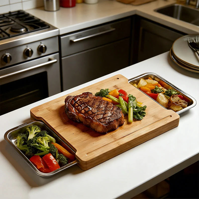 Cutting Board Bamboo With Retractable Stainless Steel Bowls