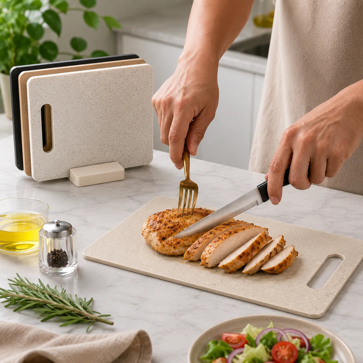 Cutting Board Set Double-Sided Marble Look Space-Saving Holder