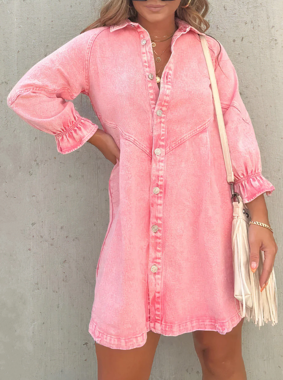 Denim Dress Long Sleeve Mini Cotton Blend