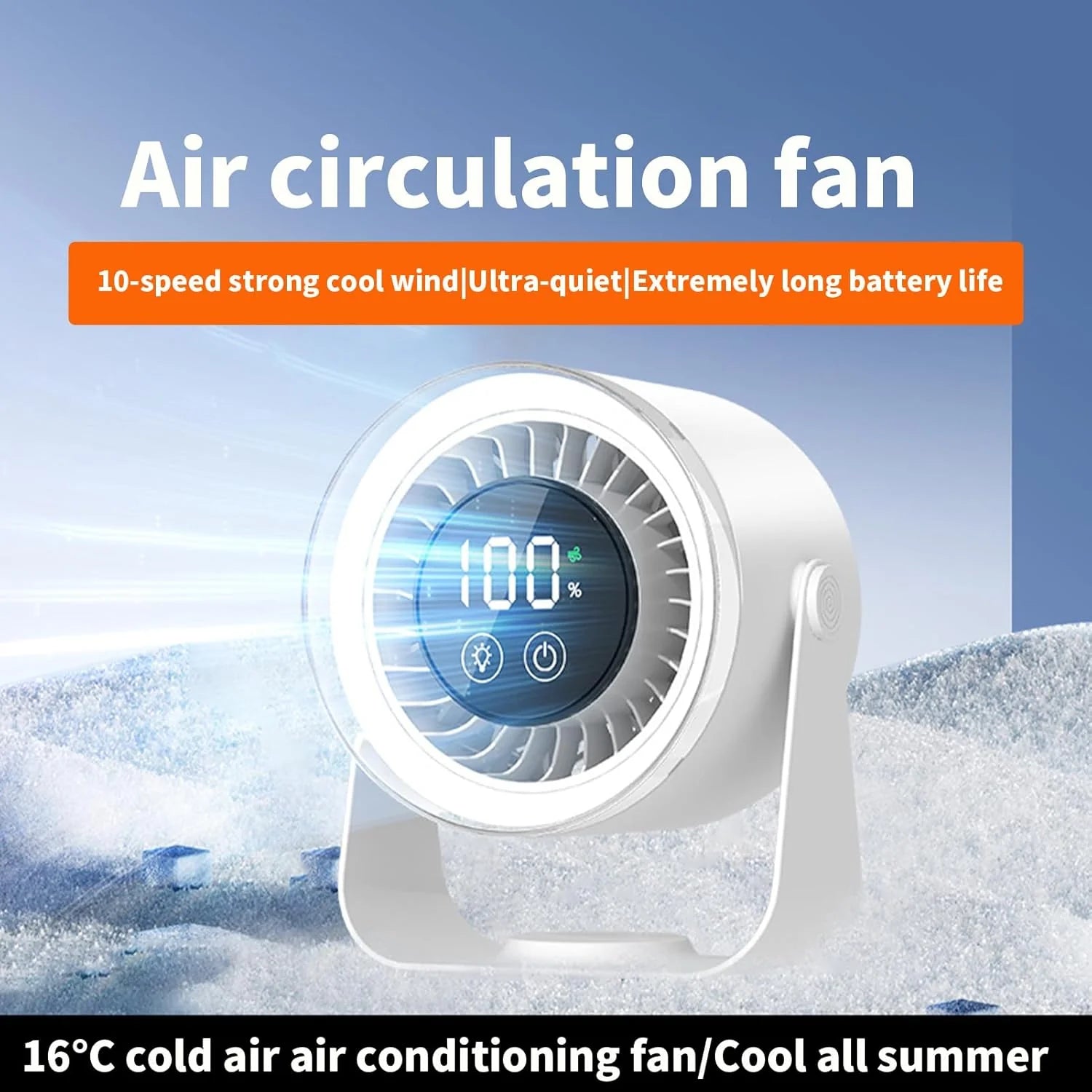 Desk Fan Ultra-Quiet 10 Speeds USB-C Rechargeable 10H