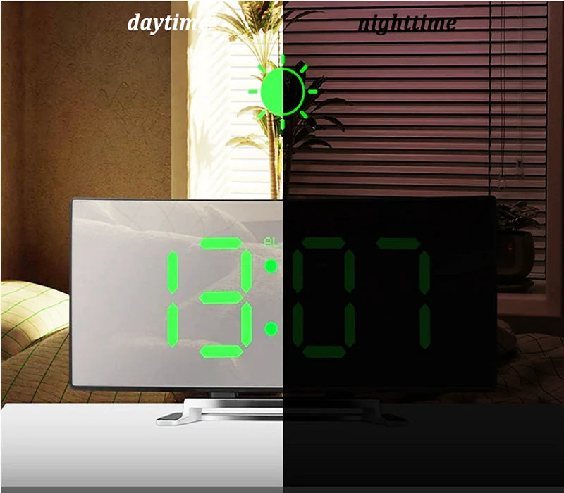 Digital Alarm Clock Curved Mirror LED Dual Power
