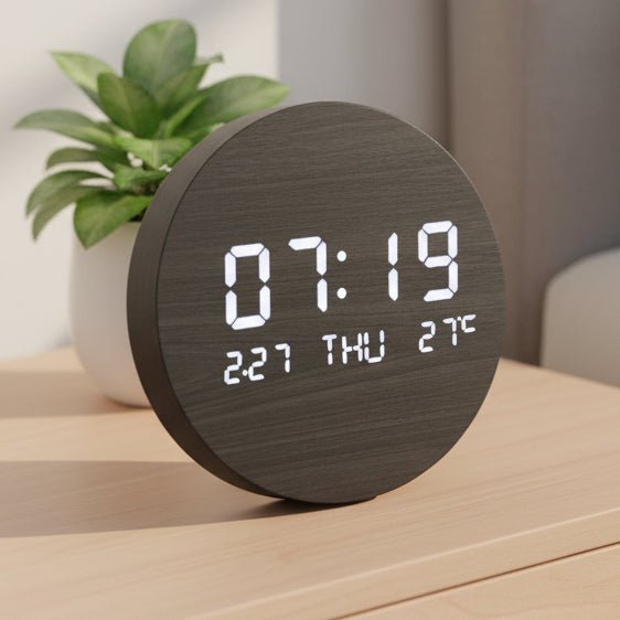 Digital Desk Clock Wood-Look LED Time & Temperature