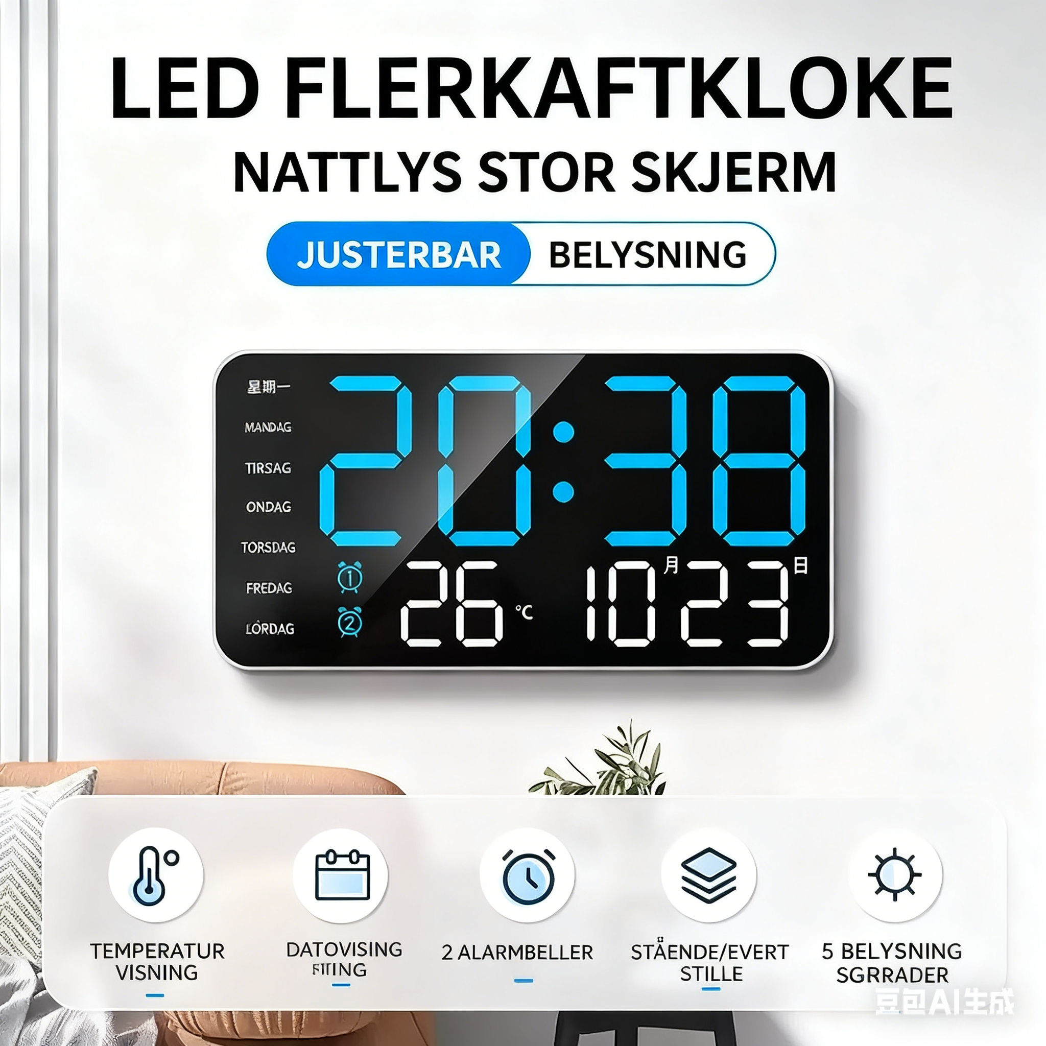 Digital Wall Clock Large LED Time Date Temperature