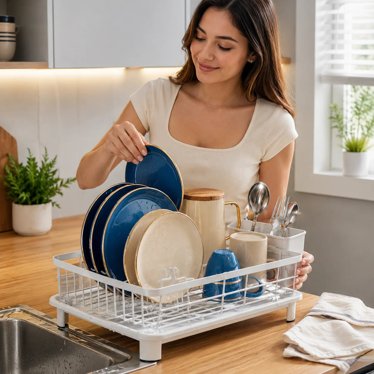 Dish Drainer Integrated Water Outlet Stainless Steel Large Capacity