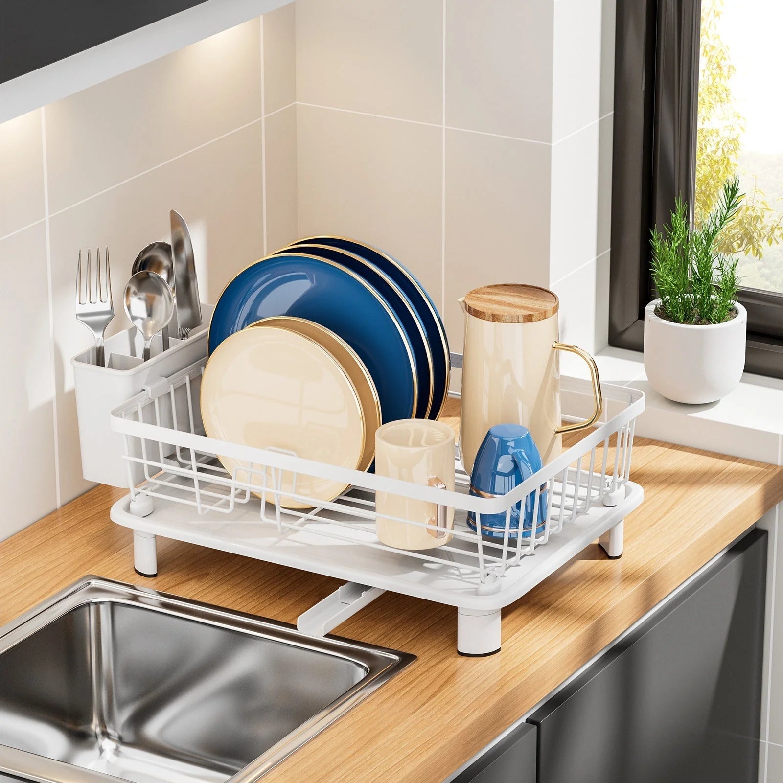 Dish Drainer Integrated Water Outlet Stainless Steel Large Capacity