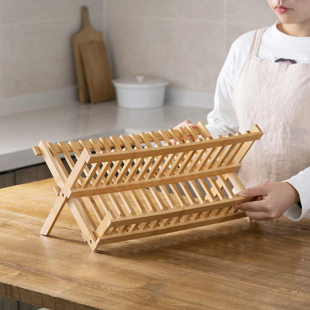 Dish Drying Rack Bamboo Vertical Slots Space-Saving