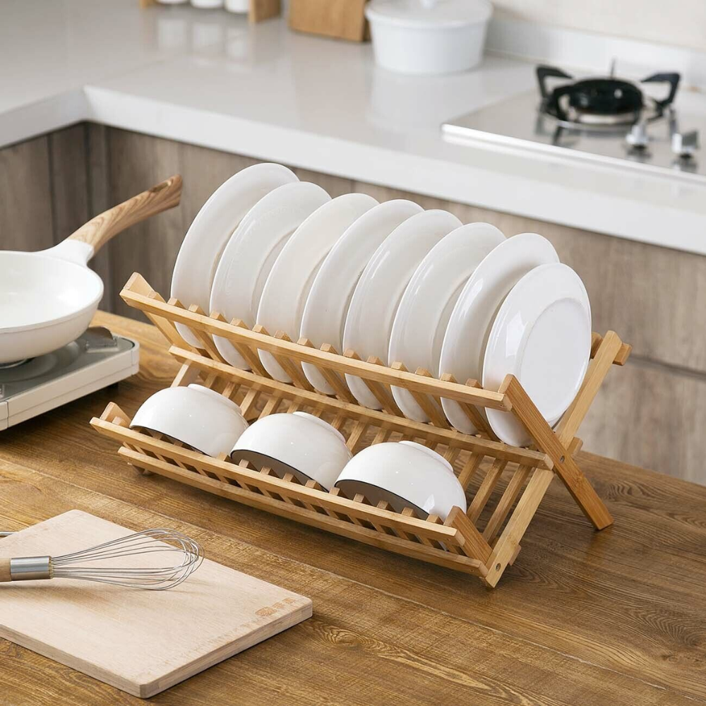 Dish Drying Rack Bamboo Vertical Slots Space-Saving