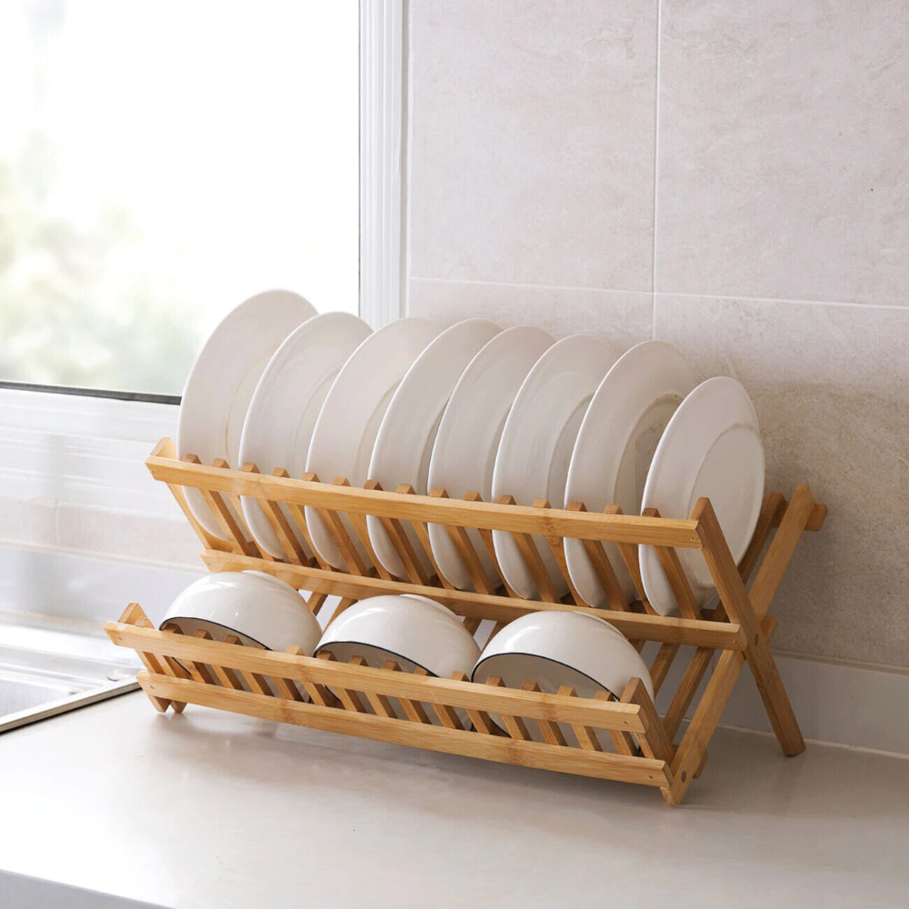 Dish Drying Rack Bamboo Vertical Slots Space-Saving