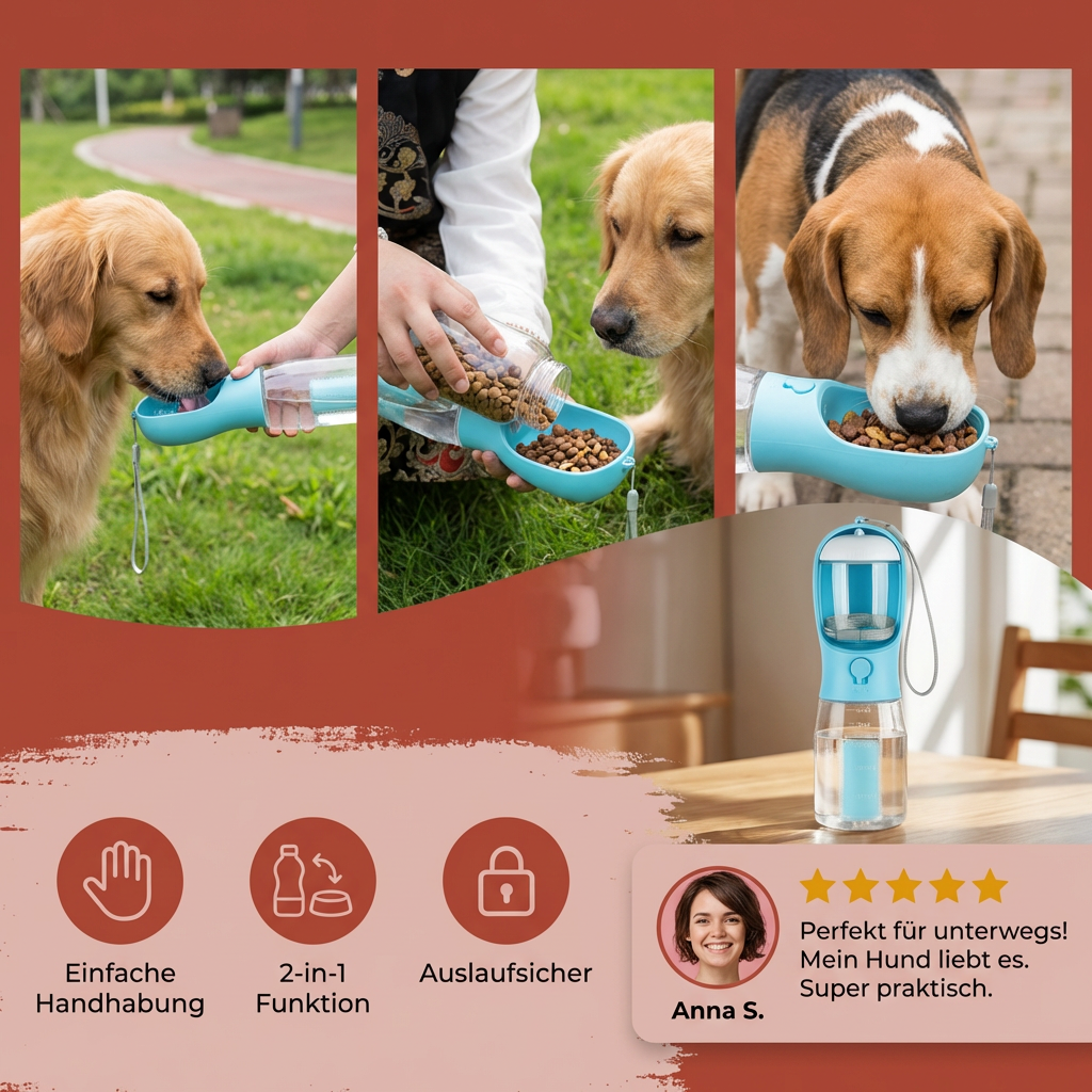 Dog Travel Water Bottle 3-in-1 600ml Built-In Bowl