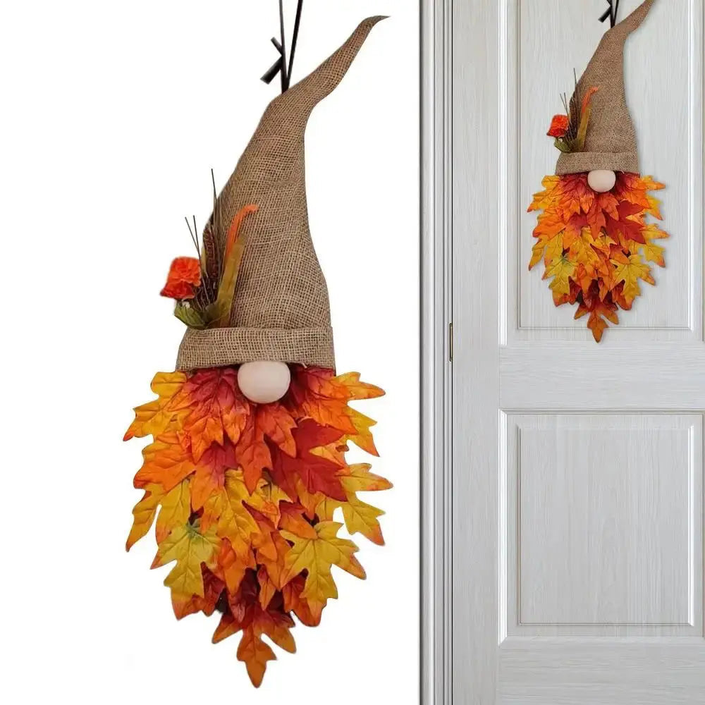 Door Hanger Gnome Silhouette Fabric & Faux Maple Leaves