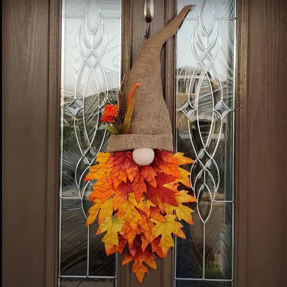 Door Hanger Maple Gnome Fabric & Artificial Leaves