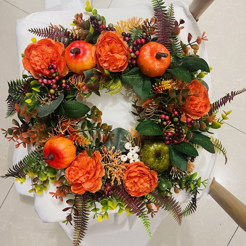 Door Wreath Handcrafted Peony & Pumpkin Indoor Outdoor