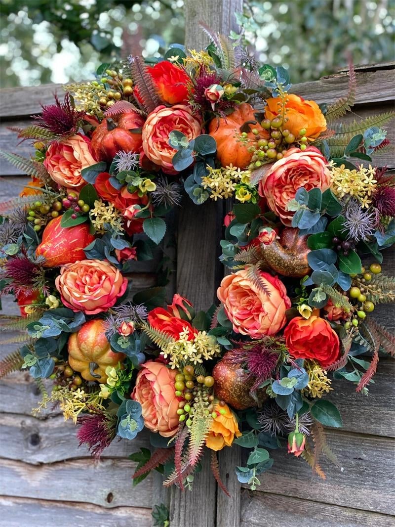 Door Wreath Handcrafted Peony & Pumpkin Indoor Outdoor