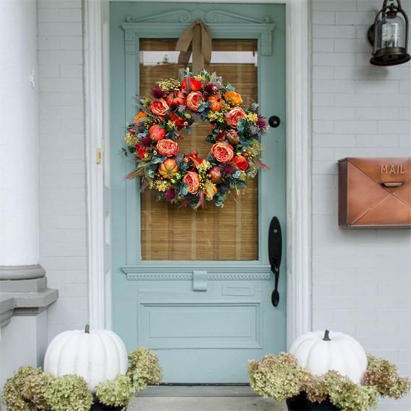 Door Wreath Handcrafted Peony & Pumpkin Indoor Outdoor