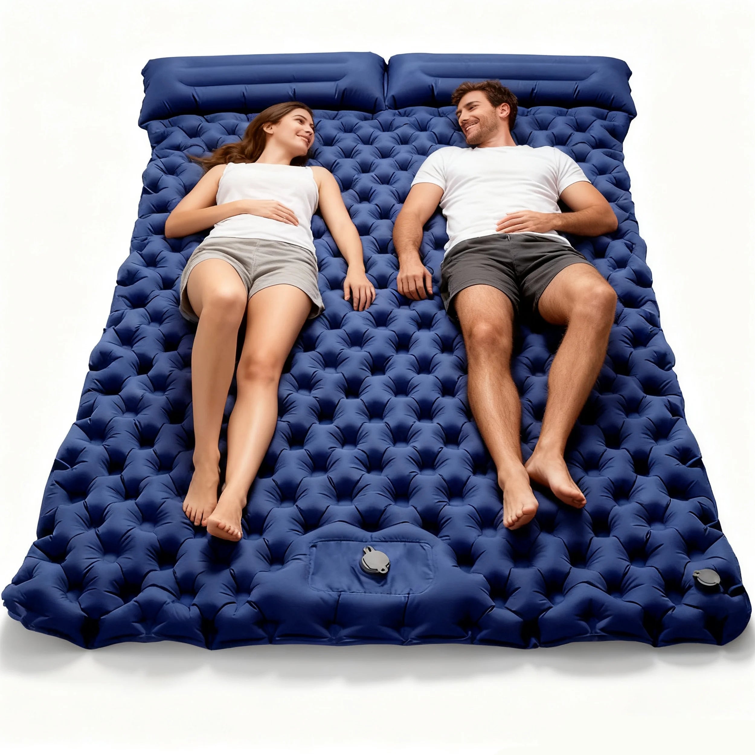 Double Air Mattress Integrated Foot Pump & Attached Pillows