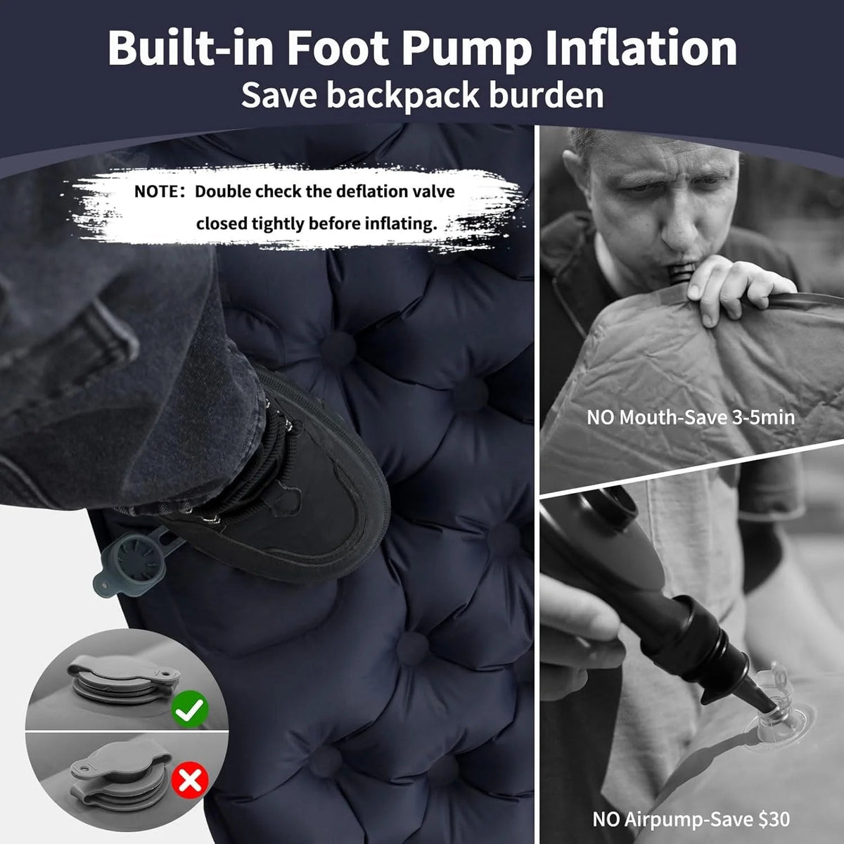 Double Air Mattress Integrated Foot Pump & Attached Pillows