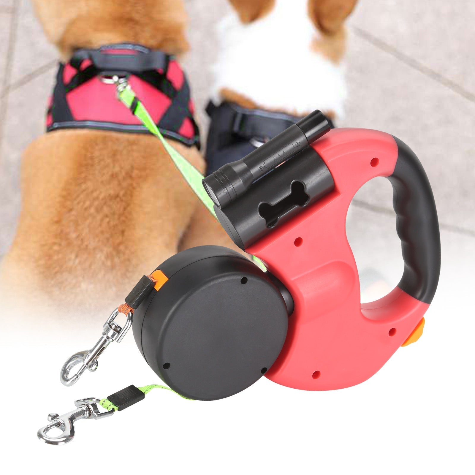 Double Dog Leash Retractable 3m LED Flashlight Color-Coded Controls