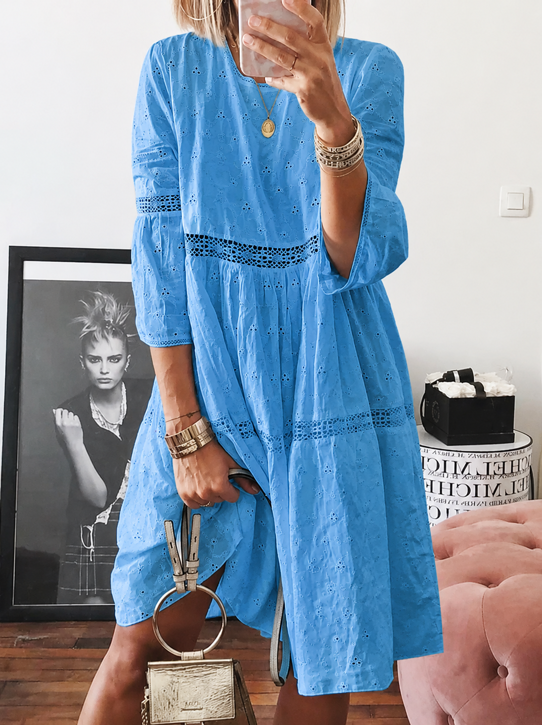 Dress Embroidered Lace Cut-Out Flower Loose Fit