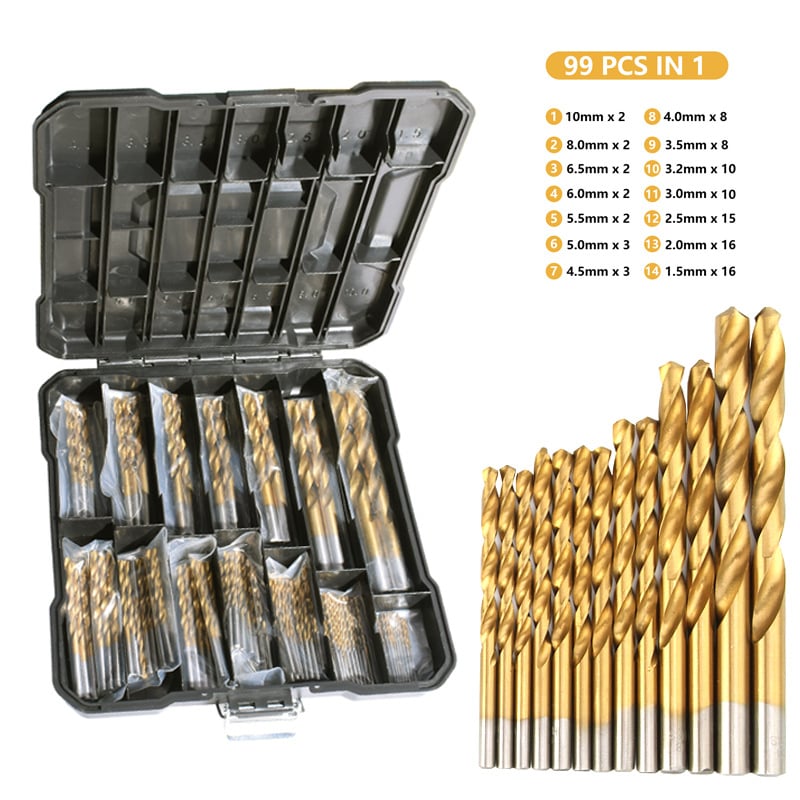 Drill Bit Set Titanium-Coated High-Speed Steel 99-Piece