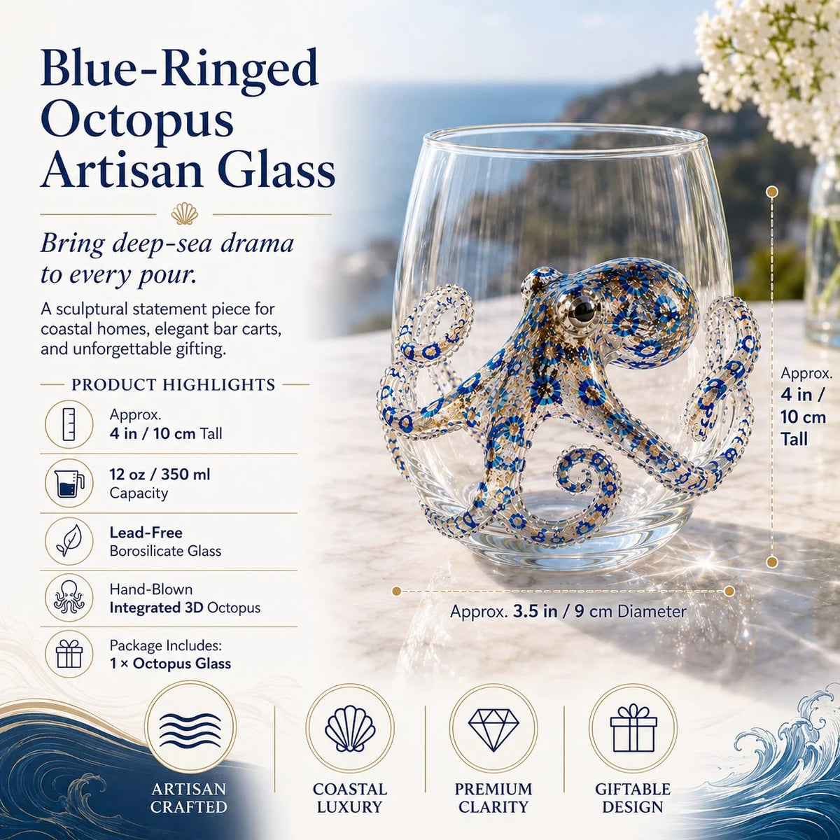 Drinking Glass Hand-Painted Octopus Motif Blue & Gold