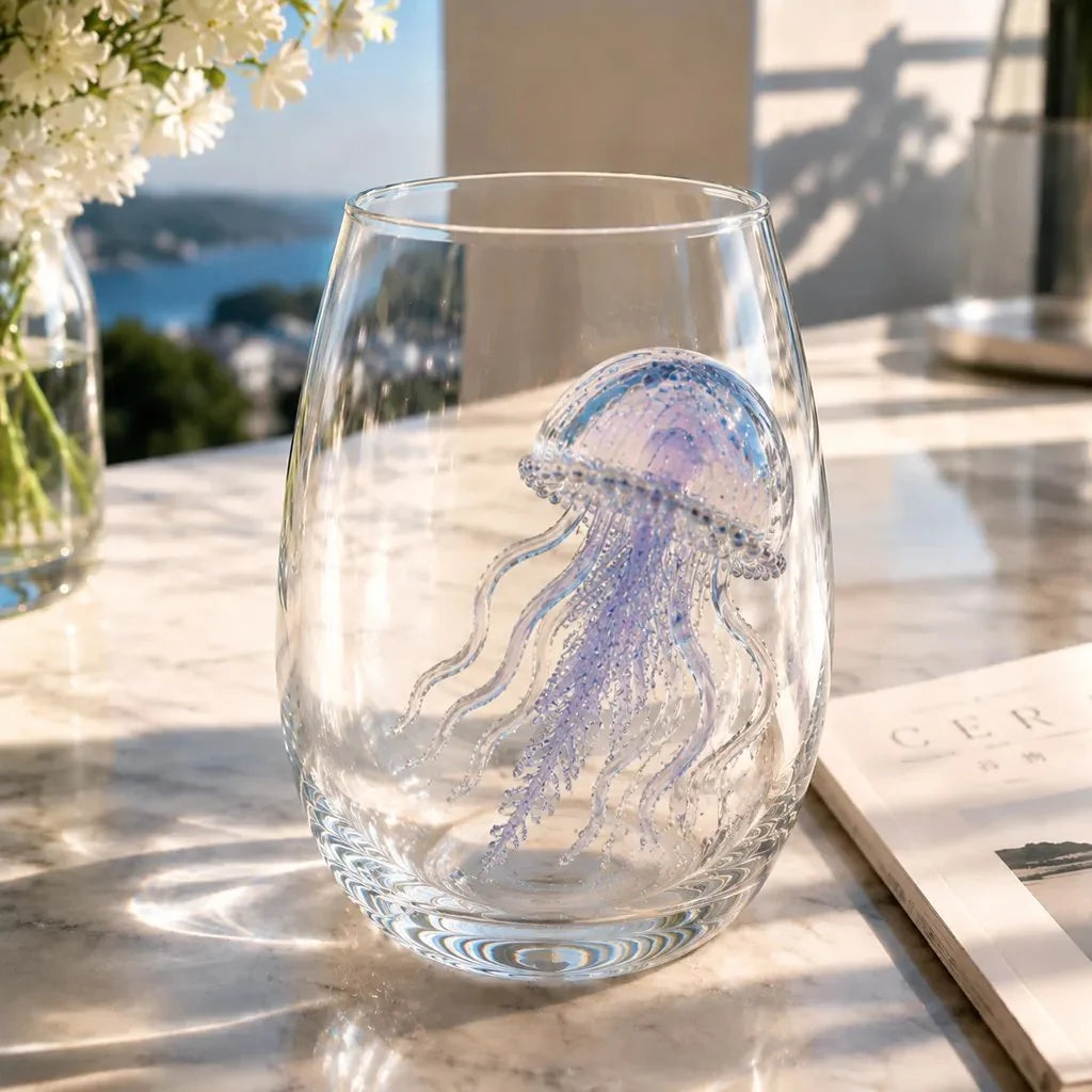 Drinking Glass Hand-Painted Octopus Motif Blue & Gold