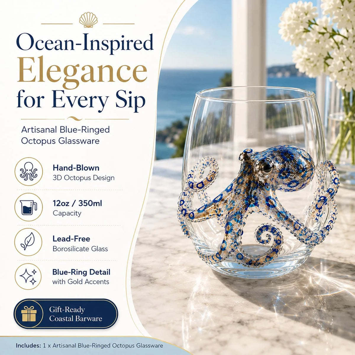 Drinking Glass Hand-Painted Octopus Motif Blue & Gold