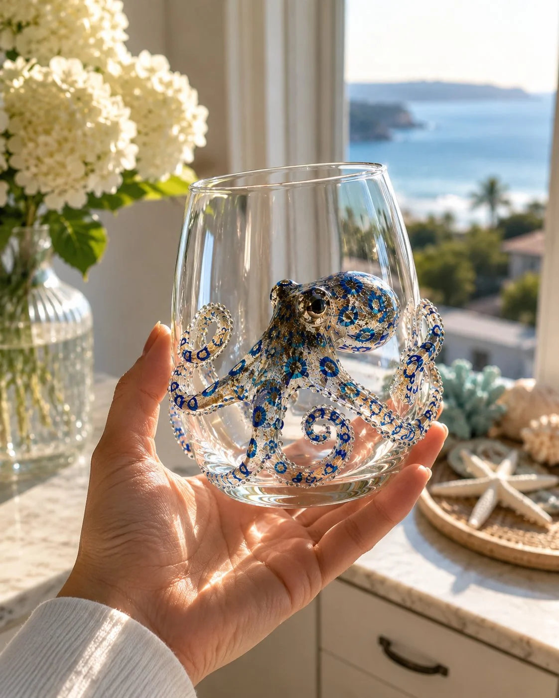 Drinking Glass Hand-Painted Octopus Motif Blue & Gold