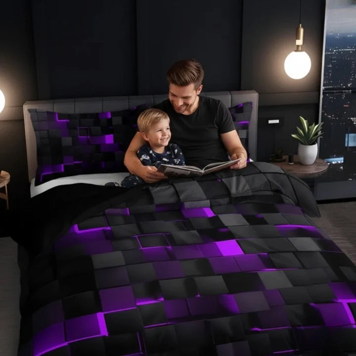 Duvet Cover Set 3D Grid Microfiber-Cotton Machine Washable