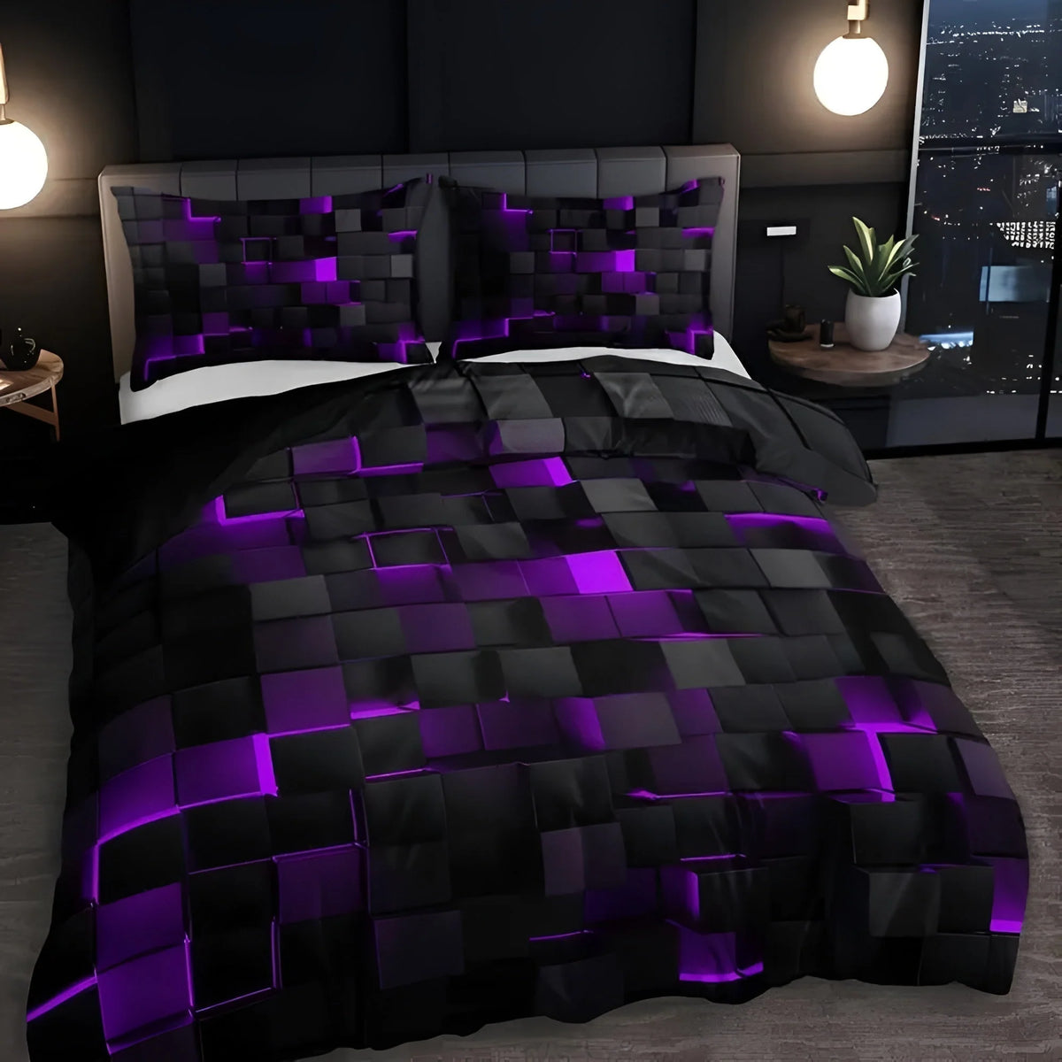 Duvet Cover Set 3D Grid Microfiber-Cotton Machine Washable