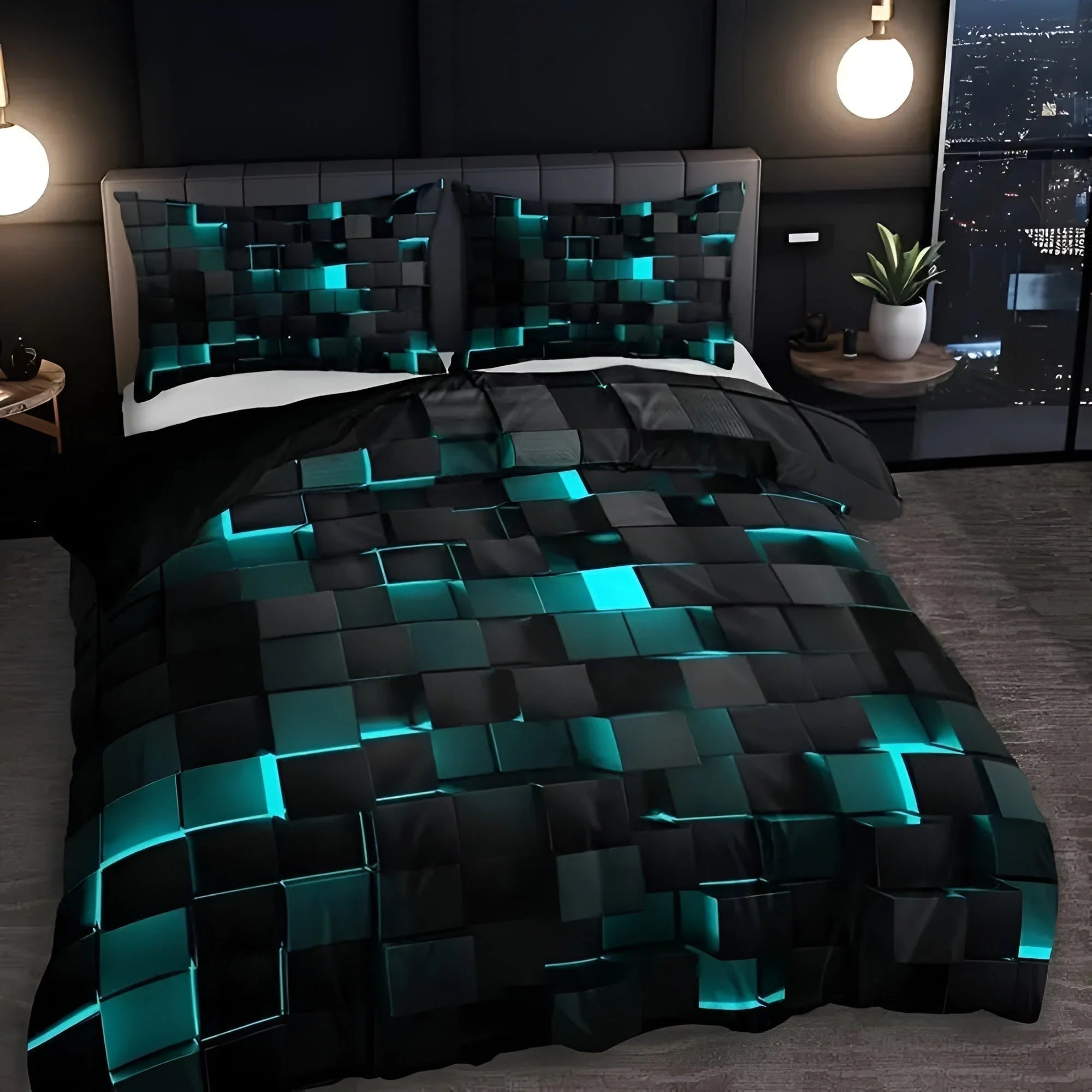 Duvet Cover Set 3D Grid Microfiber-Cotton Machine Washable