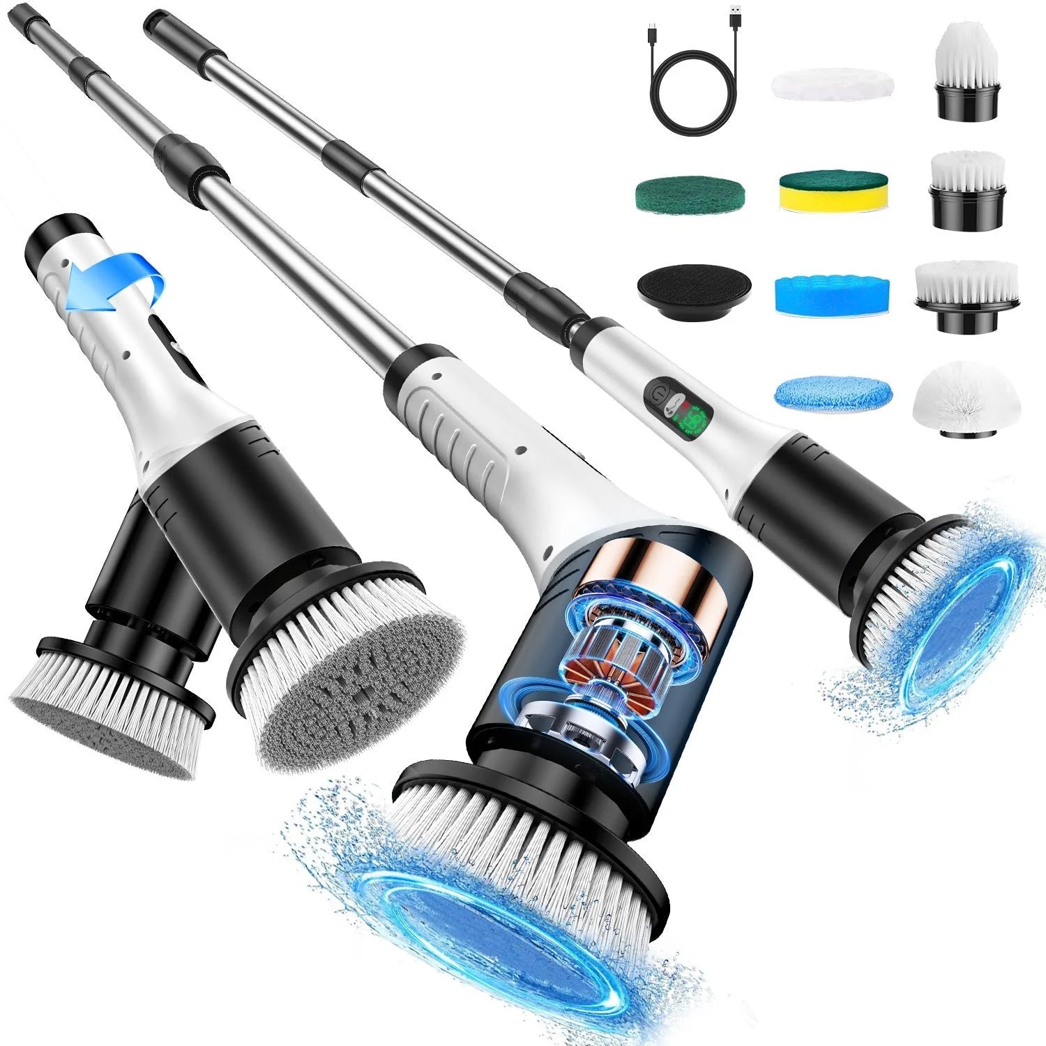 Electric Cleaning Brush Cordless LED Display Extendable Handle