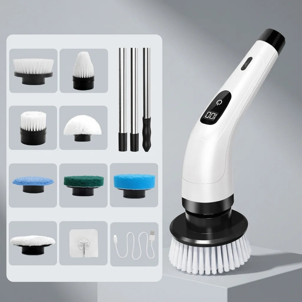 Electric Cleaning Brush Cordless Telescopic Handle 8 Interchangeable Brushes