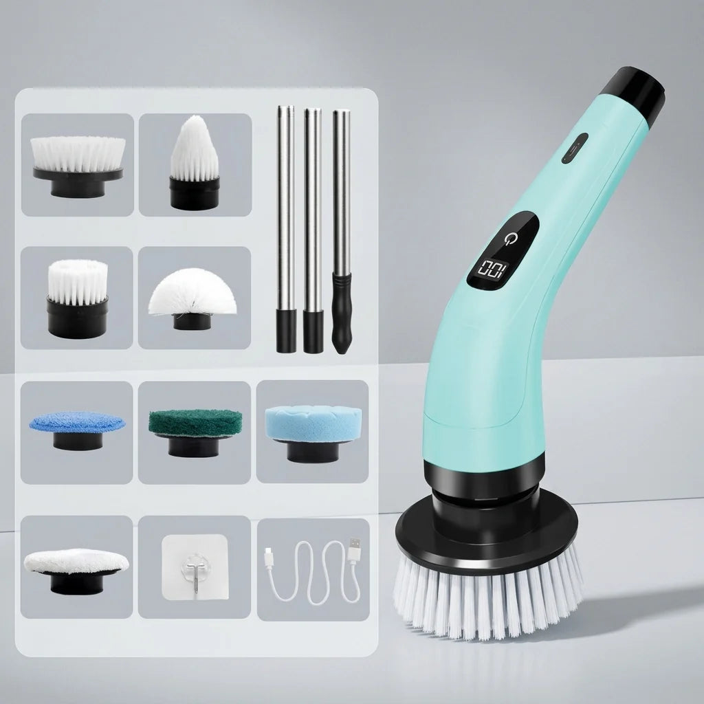 Electric Cleaning Brush Cordless Telescopic Handle 8 Interchangeable Brushes