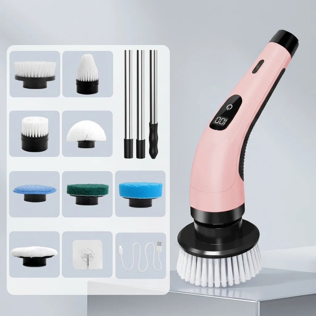 Electric Cleaning Brush Cordless Telescopic Handle 8 Interchangeable Brushes