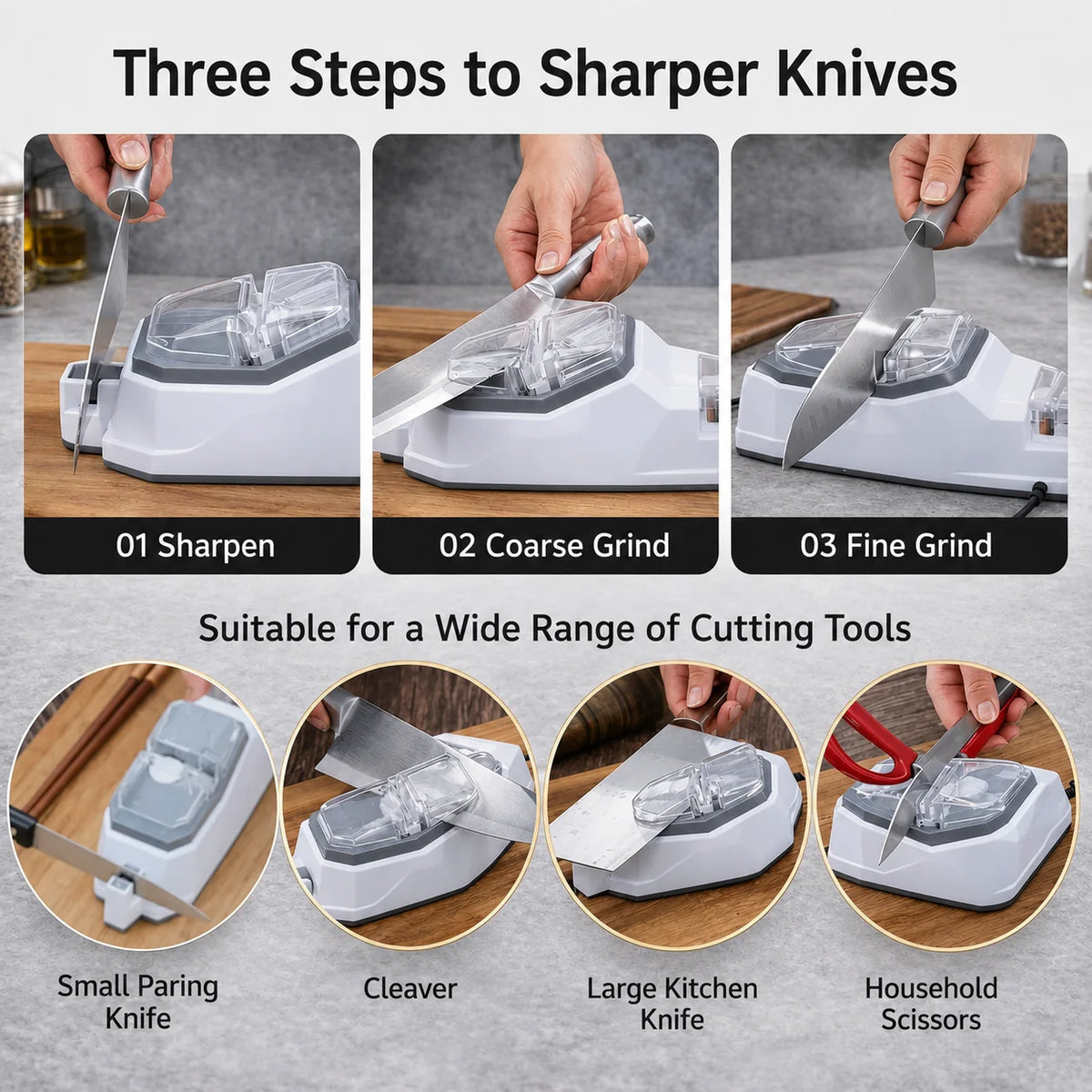 Electric Knife Sharpener 3-Stage USB Rechargeable Non-Slip Base