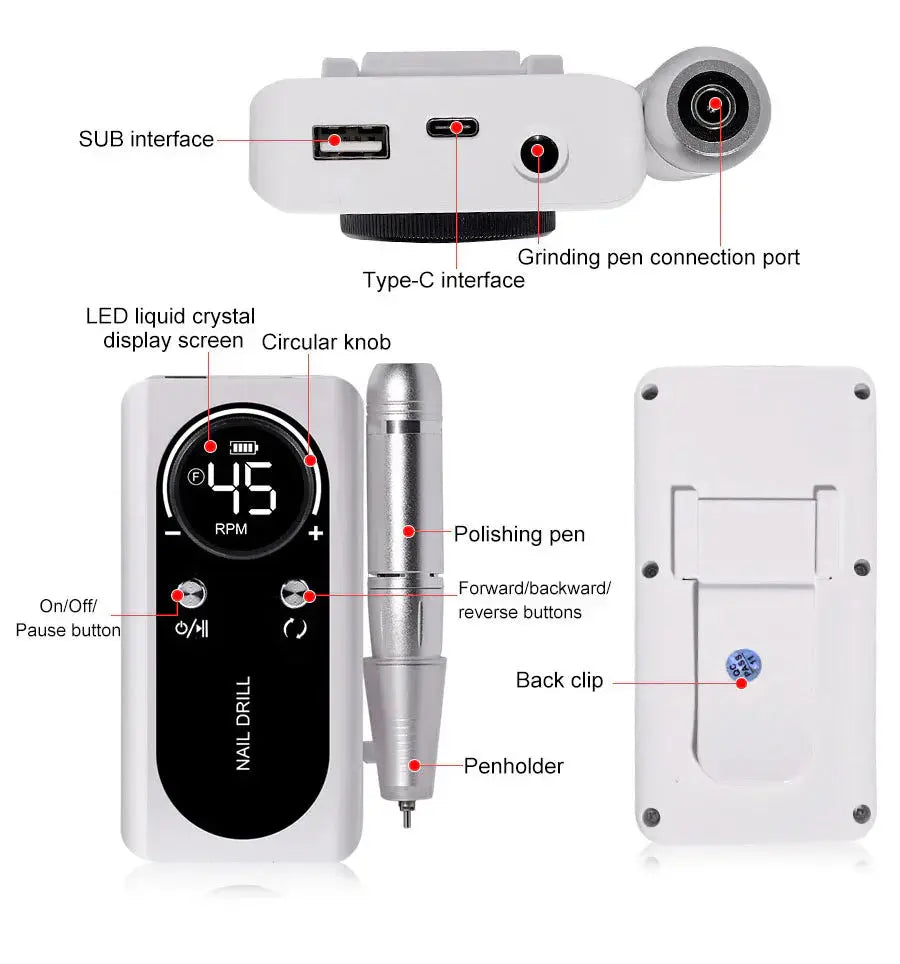 Electric Nail Drill 45,000 RPM Aluminum Handpiece & USB-C Charging
