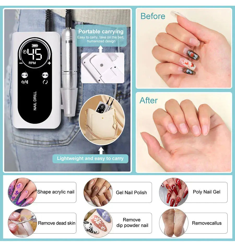 Electric Nail Drill 45,000 RPM Aluminum Handpiece & USB-C Charging