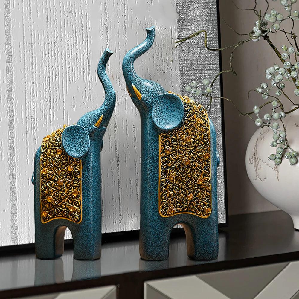 Elephant Figurines Turquoise Resin Gold Ornaments Set of 2