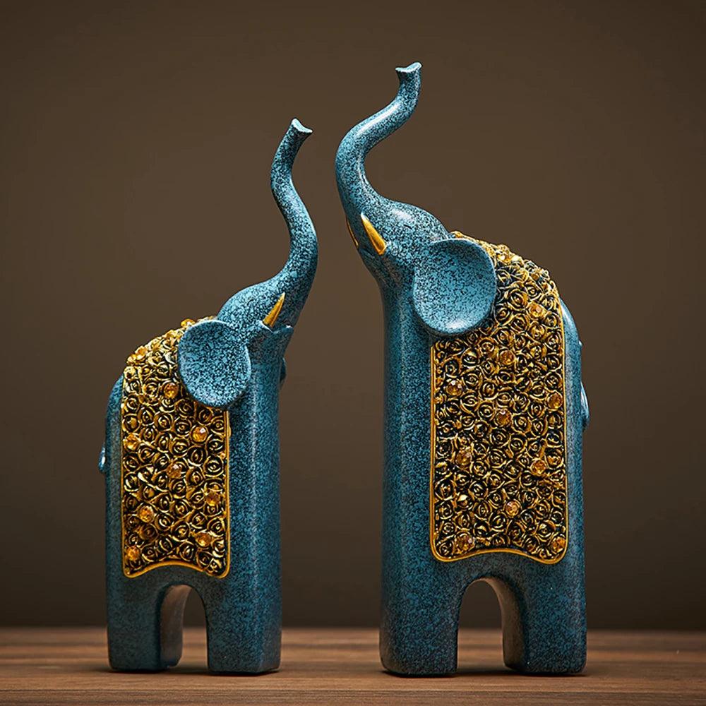 Elephant Figurines Turquoise Resin Gold Ornaments Set of 2