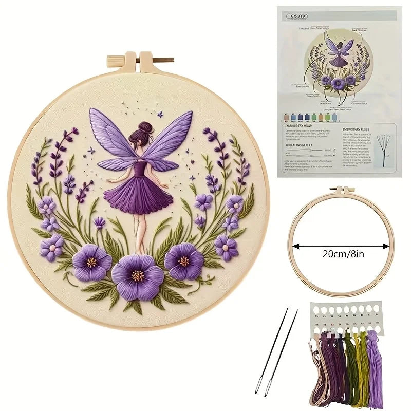 Embroidery Kit Complete Beginner Pre-Printed 20 cm Wooden Hoop