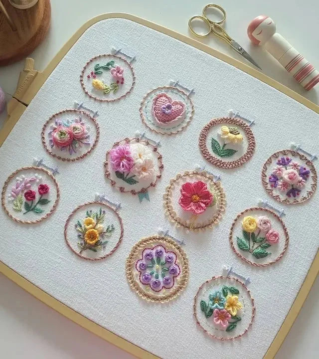 Embroidery Kit Pre-Printed Linen 12 Floral Designs Wooden Hoop