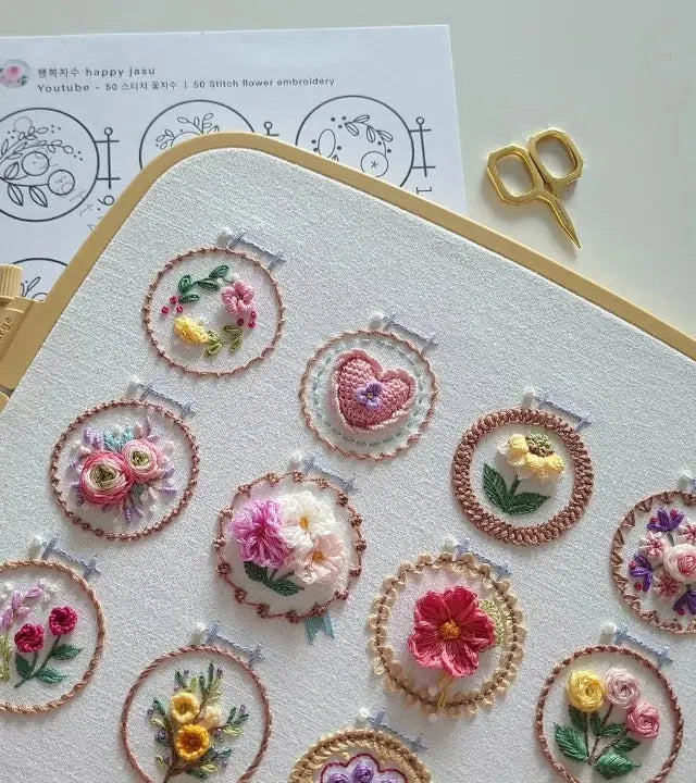Embroidery Kit Pre-Printed Linen 12 Floral Designs Wooden Hoop