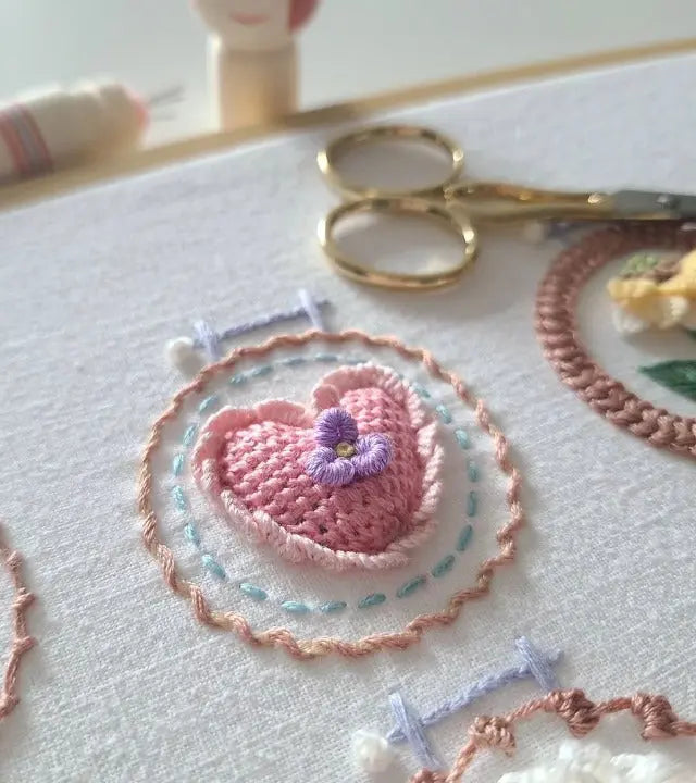 Embroidery Kit Printed Linen Wooden Hoop Set of 12