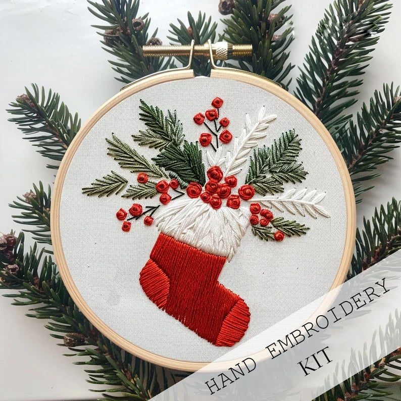 Embroidery Kit Winter Village Beginner Friendly 8-Inch Hoop