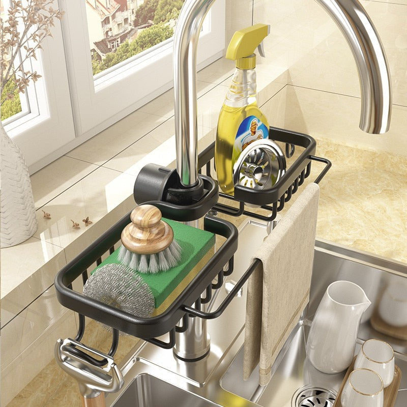 Faucet Organizer Dual Baskets & Towel Bar Rust-Free Aluminum