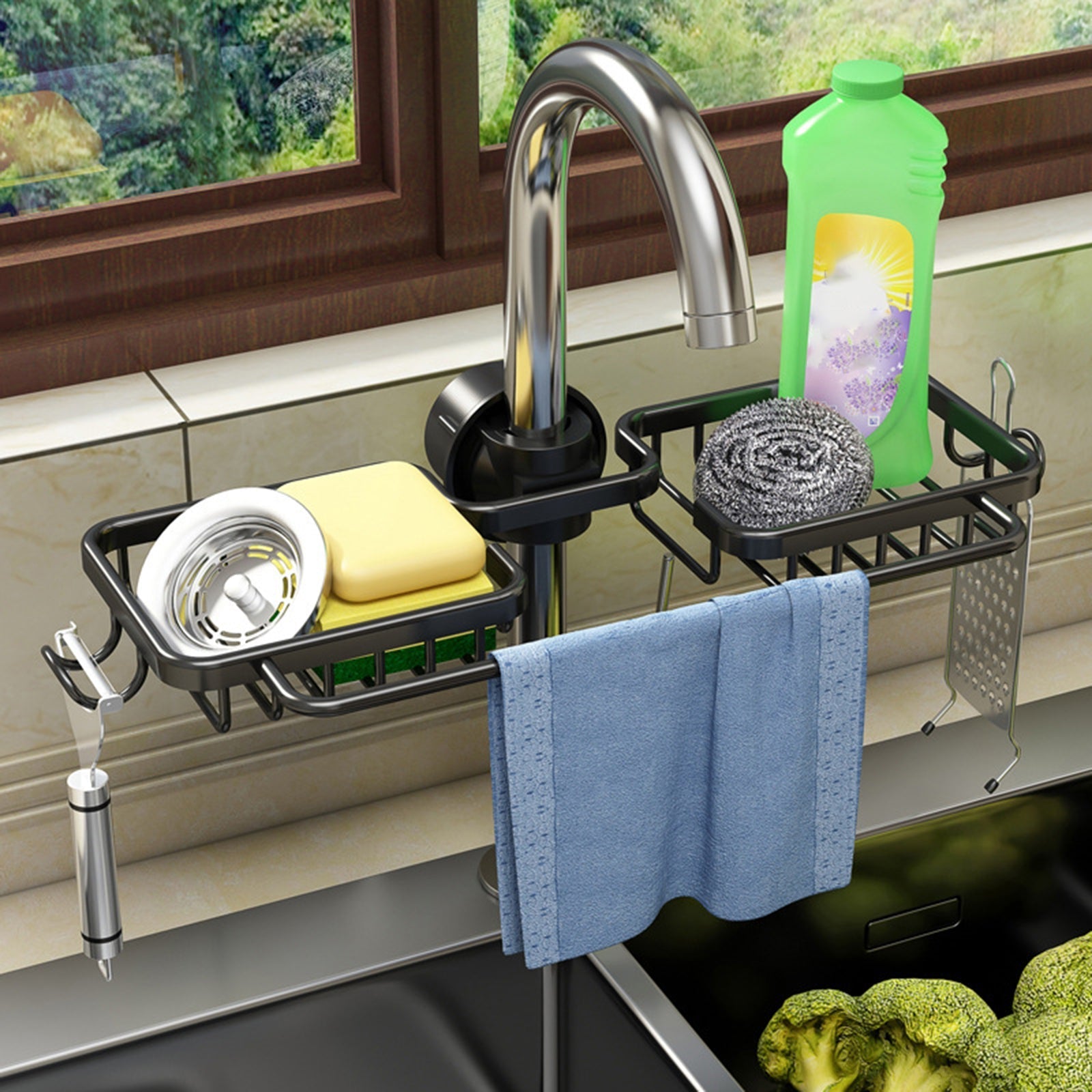 Faucet Organizer Dual Baskets & Towel Bar Rust-Free Aluminum