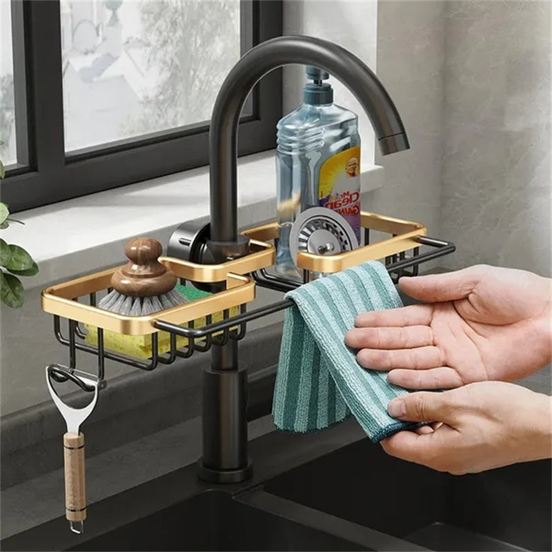 Faucet Organizer Dual Baskets & Towel Bar Rust-Free Aluminum