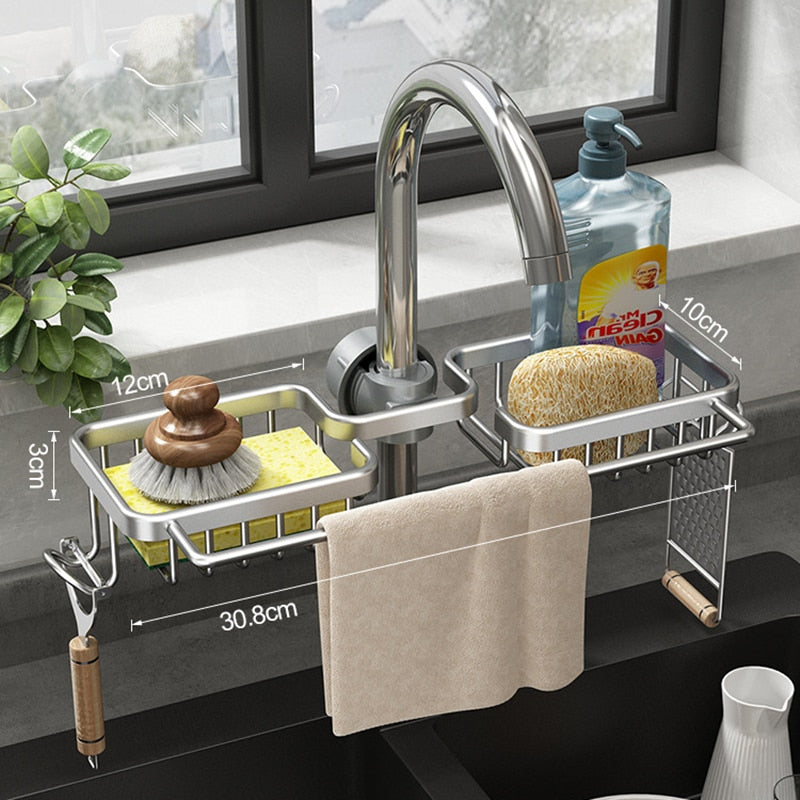 Faucet Organizer Dual Baskets & Towel Bar Rust-Free Aluminum