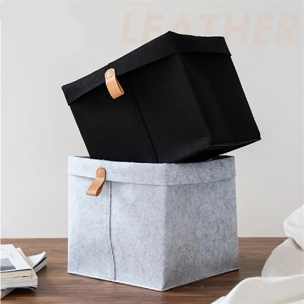 Felt Storage Box Shape-Stable Foldable Lid & Leather Handle
